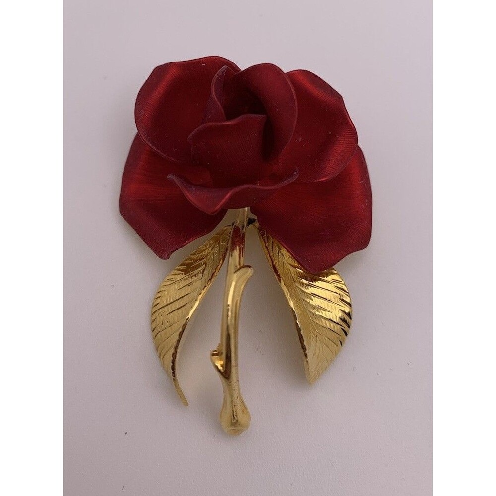 Vintage CERRITO Gold Tone Red Rose Flower Brooch Pin Signed 2 Inch